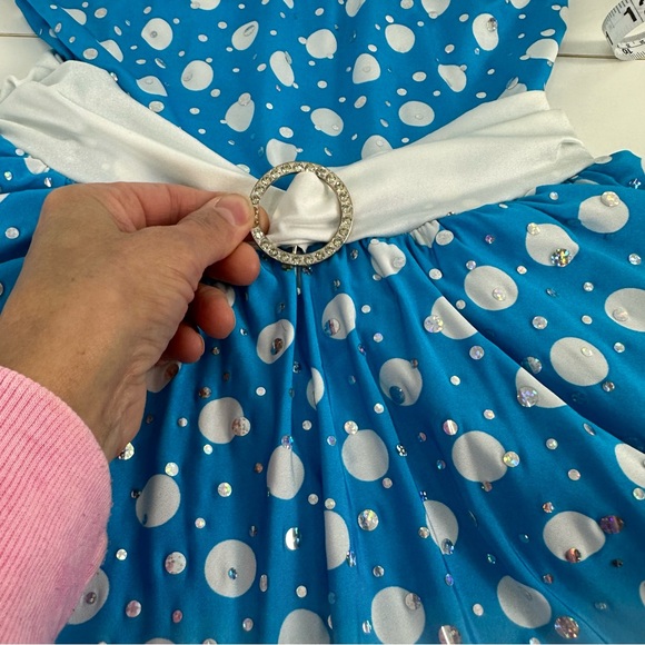 Costume Gallery Small Adult "Happy Dayz" Blue & White Polka Dots Dance Costume - Picture 6 of 12